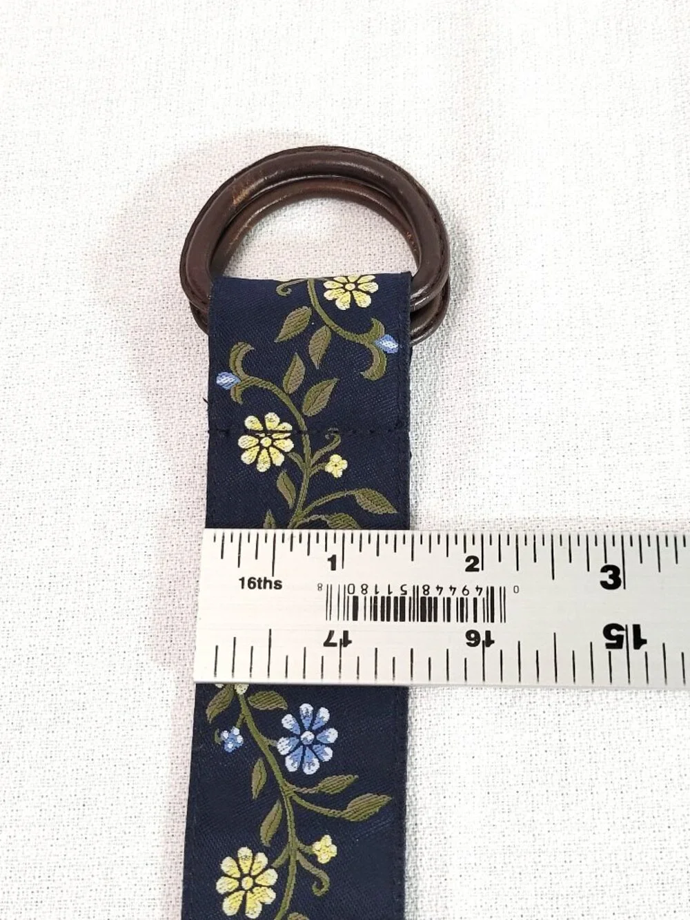 NWT Eddie Bauer Navy Blue Floral Jacquard Ribbon Leather O-Ring Belt M